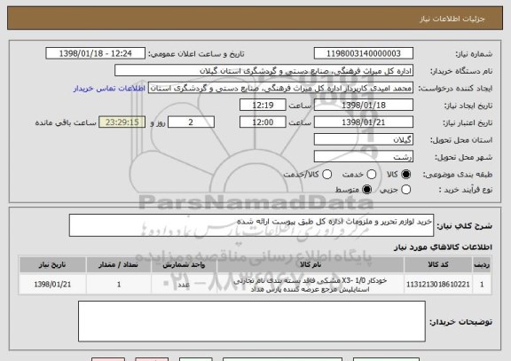 استعلام خرید لوازم تحریر و ملزومات اداره کل طبق پیوست ارائه شده