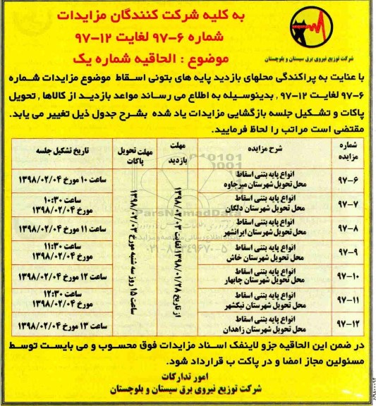 اصلاحیه مزایده انواع پایه بتنی اسقاط 