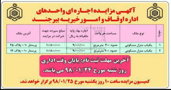 مزایده , مزایده اجاره یک باب منزل مسکونی