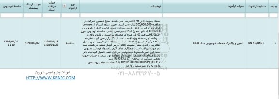 مناقصه, مناقصه تامین و راهبری خدمات خودرویی