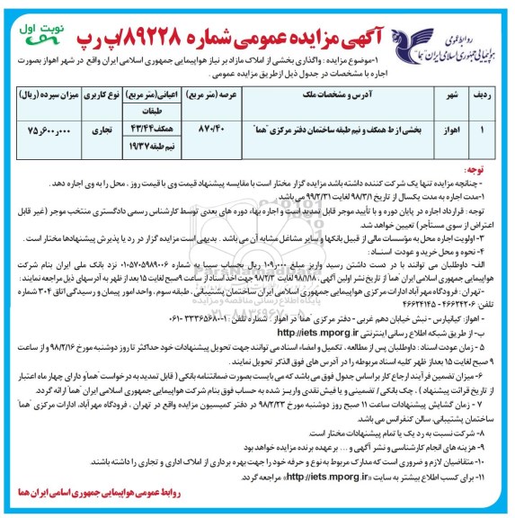 مزایده، مزایده واگذاری بخشی از املاک مازاد