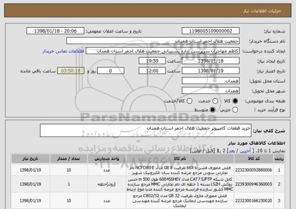 استعلام خرید قطعات کامپیوتر جمعیت هلال احمر استان همدان