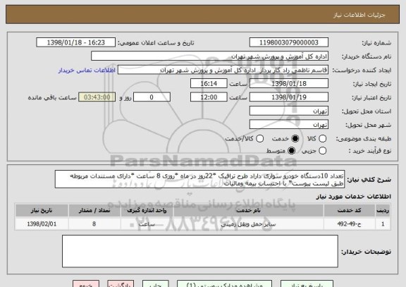 استعلام تعداد 10دستگاه خودرو سواری داراد طرح ترافیک *22روز در ماه *روزی 8 ساعت *دارای مستندات مربوطه طبق لیست پیوست* با احتساب بیمه ومالیات