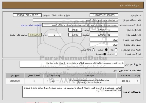استعلام بازدید، کنترل سرویس و نگهداری سیستم اعلام و اطفاء حریق 4 مرکز داده سازمان