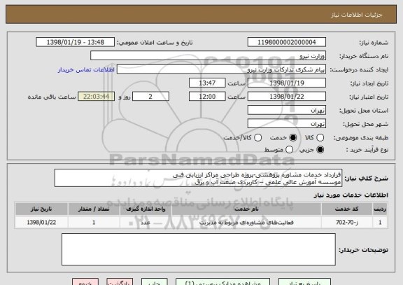استعلام قرارداد خدمات مشاوره پژوهشی-پروژه طراحی مراکز ارزیابی فنی
موسسه آموزش عالی علمی – کاربردی صنعت آب و برق