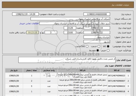 استعلام از جنس چدن داکتیل ومورد تائید کارشناسان فنی شرکت 