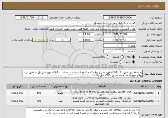 استعلام به لحاظ نبودن ابران کد کالای مورد نظر از ایران کد مشابه استفاده شده است کالای مورد نظر پنل سقفی دیپ روکار مربع با مشخصات فنی  EDC  می باشد.