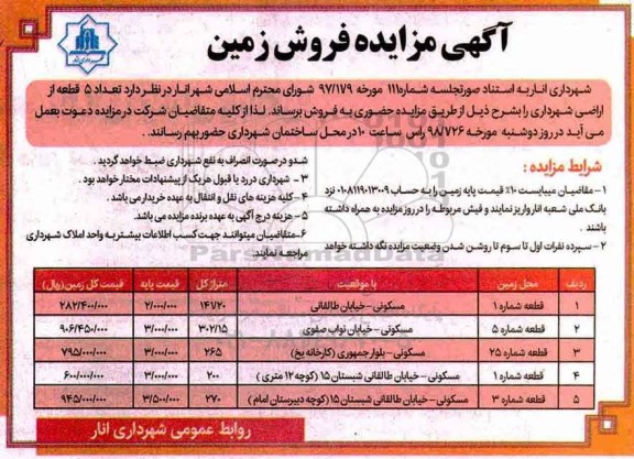 مزایده,مزایده فروش 5 قطعه از اراضی شهرداری 