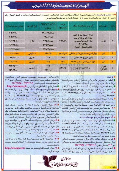 مزایده، مزایده واگذاری بخشی از املاک مازاد