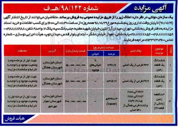 مزایده,مزایده فروش ششدانگ یک قطعه زمین