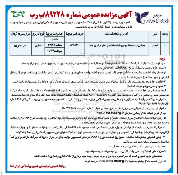 مزایده، مزایده واگذاری بخشی از املاک مازاد - نوبت دوم