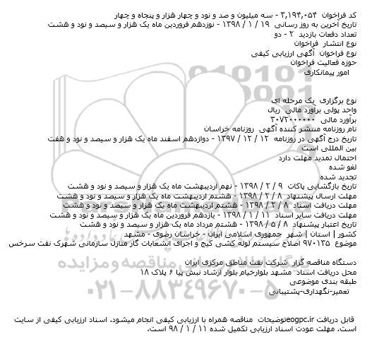 مناقصه اصلاح سیستم لوله کشی کیج و اجرای انشعابات گار 