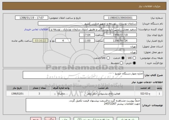 استعلام اجاره چهار دستگاه خودرو