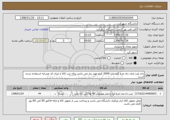 استعلام دان پلت پایان دان مرغ گوشتی 2000 کیلو مورد نیاز می باشد برای ثبت کالا از ایران کد مشابه استفاده شده است