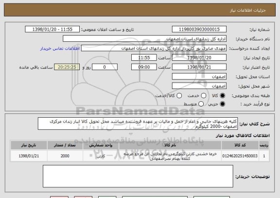 استعلام کلیه هزینهای جانبی و اعم از حمل و مالیات بر عهده فروشنده میباشد محل تحویل کالا انبار زندان مرکزی اصفهان -2000 کیلوگرم