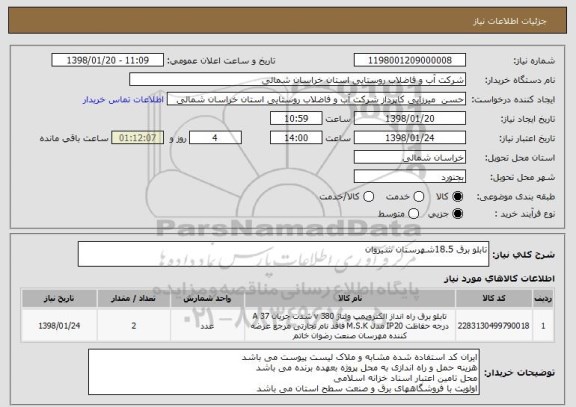 استعلام تابلو برق 18.5شهرستان شیروان 