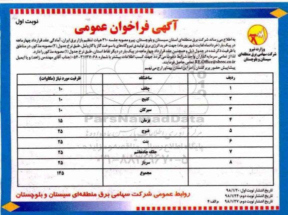 آگهی فراخوان عمومی, فراخوان خرید انرژی برق تولیدی نیروگاه های با سوخت گاز یا گازوئل