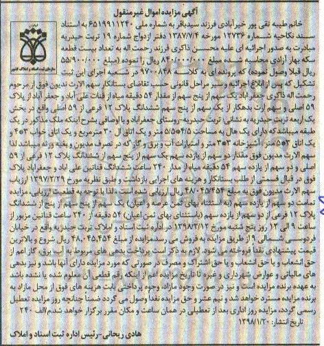 مزایده  مزایده یک سهم از پنج سهم ششدانگ پلاک 12 فرعی 