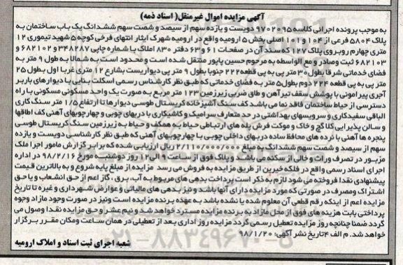 مزایده مزایده دویست و یازده سهم از سیصد و شصت سهم ششدانگ یکباب ساختمان