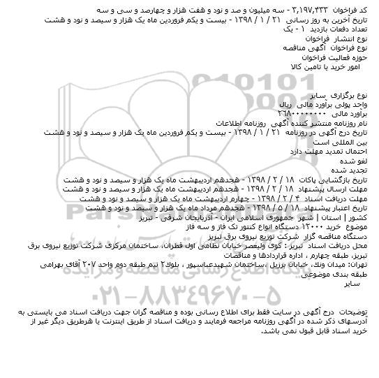 آگهی مناقصه, مناقصه خرید ۱۲۰۰۰ دستگاه انواع کنتور تک فاز و سه فاز   