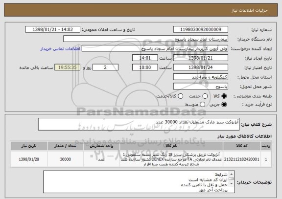 استعلام آنژیوکت سبز مارک مدیفلون تعداد 30000 عدد