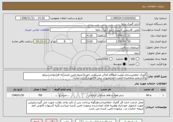 استعلام گمرک جلفازیرسازی ونصب ایزوگام اماکن مسکونی خودرا(شرط تامین اعتبار)به افرادواجدشرایط واگذارنماید.متقاضیان قیمت خودرابصورت پیش فاکتوربارگذاری نمایند.