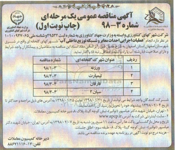 مناقصه ,مناقصه عملیات اجرایی احداث معابر و شبکه توزیع داخلی آب 