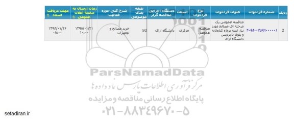 مناقصه عمومی یک مرحله ای مصالح مورد نیاز ابنیه پروژه کتابخانه