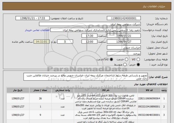 استعلام تجهیز و بازسانی طبقه سوم ساختمان مرکزی بیمه ایران خراسان جنوبی واقع در بیرجند خیابان طالقاین جنب بانک ملی 