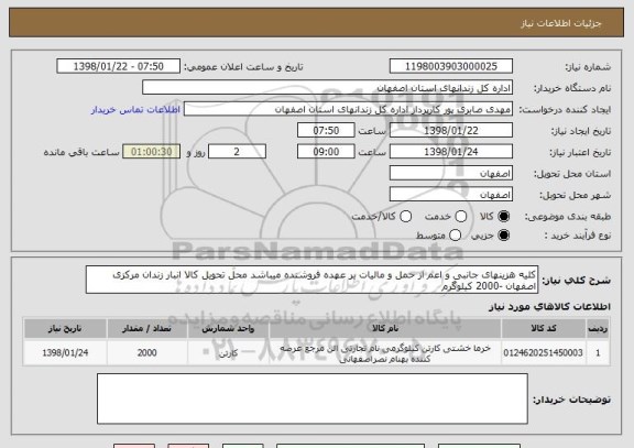 استعلام کلیه هزینهای جانبی و اعم از حمل و مالیات بر عهده فروشنده میباشد محل تحویل کالا انبار زندان مرکزی اصفهان -2000 کیلوگرم