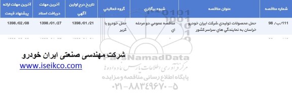 مناقصه حمل محصولات تولیدی 