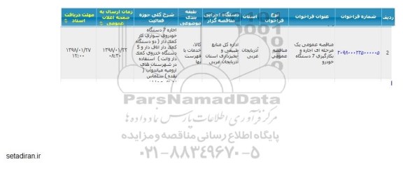 مناقصه اجاره و بکارگیری 7 دستگاه خودرو