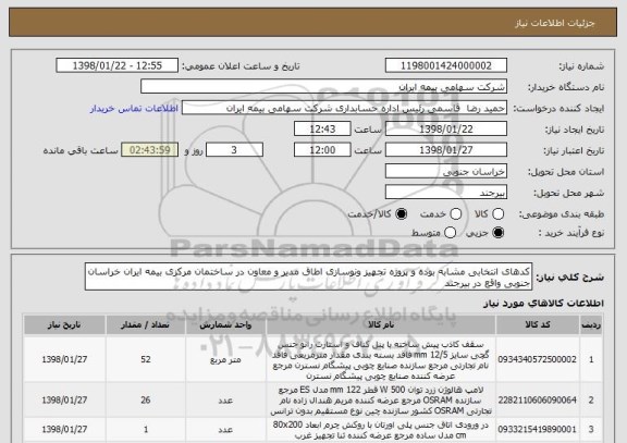 استعلام کدھای انتخابی مشابه بوده و پروژه تجھیز ونوسازی اطاق مدیر و معاون در ساختمان مرکزی بیمه ایران خراسان جنوبی واقع در بیرجند