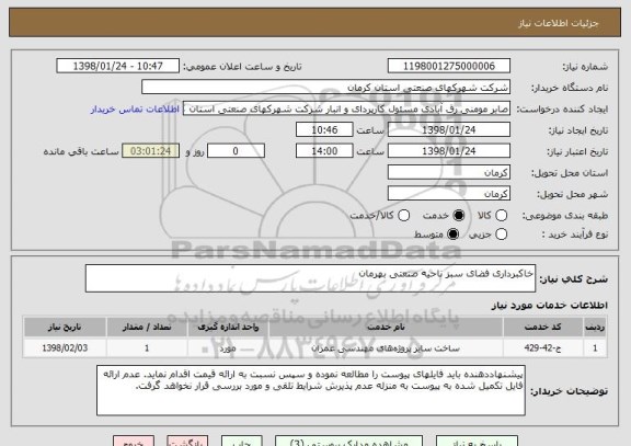 استعلام خاکبرداری فضای سبز ناحیه صنعتی بهرمان