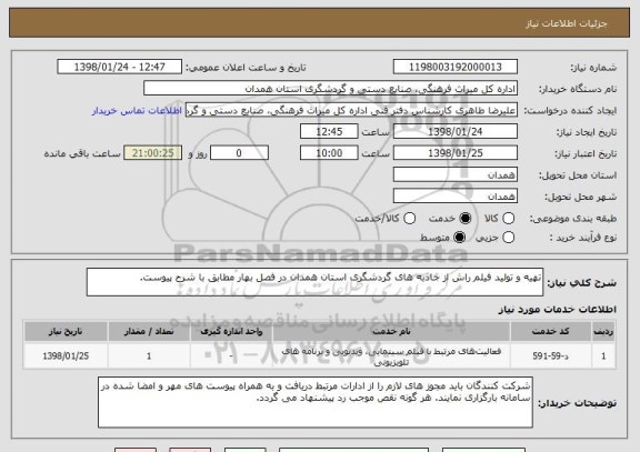 استعلام تهیه و تولید فیلم راش از جاذبه های گردشگری استان همدان در فصل بهار مطابق با شرح پیوست.