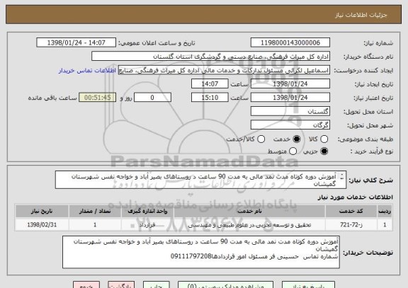 استعلام آموزش دوره کوتاه مدت نمد مالی به مدت 90 ساعت د روستاهای بصیر آباد و خواجه نفس شهرستان گمیشان
شماره تماس  حسینی فر مسئول امور قراردادها09111797208