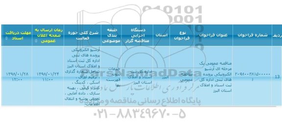 فراخوان مناقصه عمومی, مناقصه خدمات آرشیو الکترونیکی پرونده های ثبتی