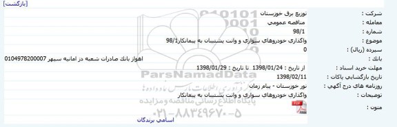 مناقصه واگذاری خودروهای سواری و وانت پشتیبان 