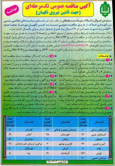 آگهی مناقصه عمومی , مناقصه جهت تامین نیروی نگهبان 