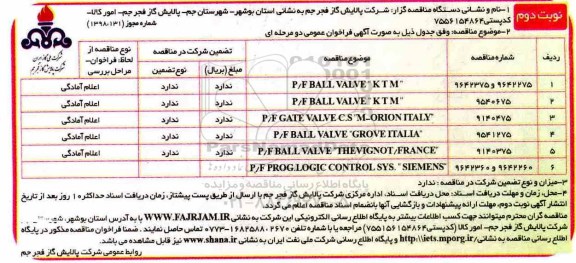 مناقصه , مناقصه p/f ball valve ktm  ...  نوبت دوم 