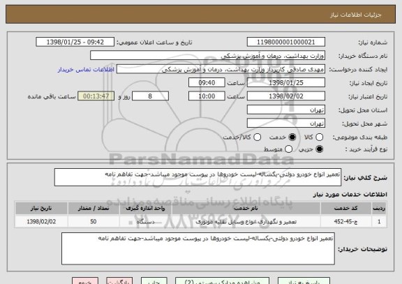 استعلام تعمیر انواع خودرو دولتی-یکساله-لیست خودروها در پیوست موجود میباشد-جهت تفاهم نامه