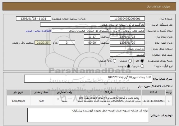 استعلام کاغذ بندی تحریر 70گرم ابعاد 70*100