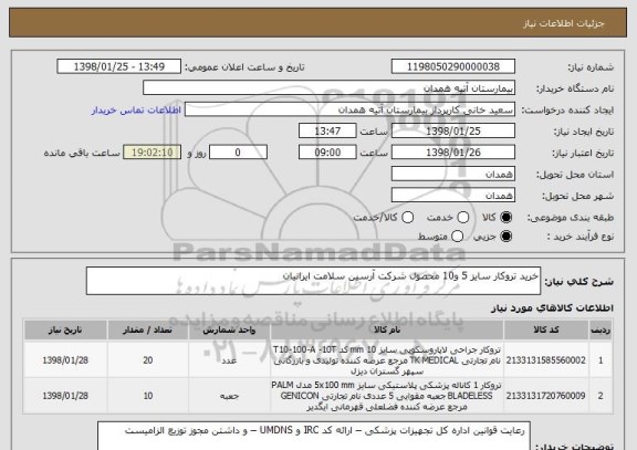 استعلام خرید تروکار سایز 5 و10 محصول شرکت آرسین سلامت ایرانیان 