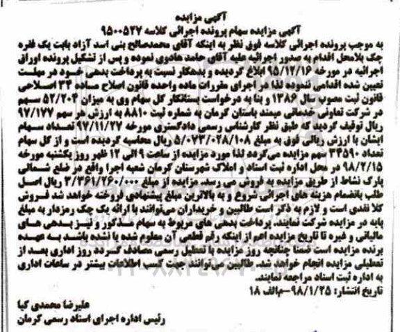 مزایده سهام به میزان 52.204 سهم