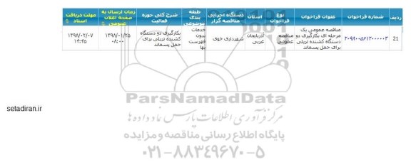 مناقصه، مناقصه عمومی یک مرحله ای  بکارگیری دو دستگاه کشنده تریلی 