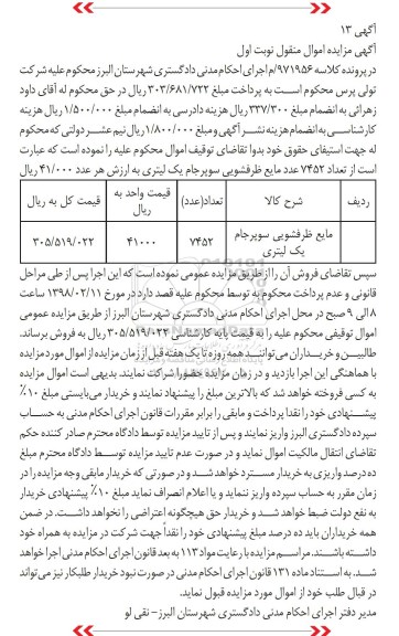 مزایده، مزایده فروش تعداد 7452 عدد مایع ظرفشویی