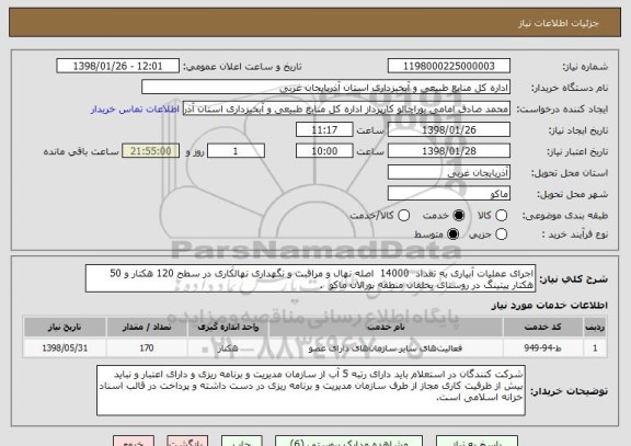استعلام اجرای عملیات آبیاری به تعداد  14000  اصله نهال و مراقبت و نگهداری نهالکاری در سطح 120 هکتار و 50 هکتار پیتینگ در روستای یخلقان منطقه بورالان ماکو  .