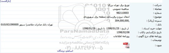 مناقصه, مناقصه انتقال نیرو و برقرسانی منطقه برق