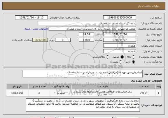 استعلام انجام بازرسی دوره ای(مراقبتی) تجهیزات شهر بازی در استان همدان