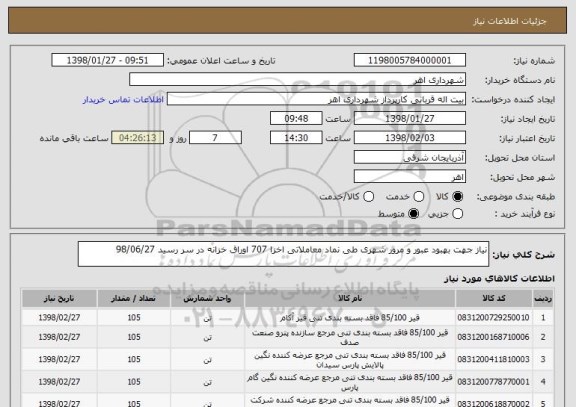 استعلام نیاز جهت بهبود عبور و مرور شهری طی نماد معاملاتی اخزا 707 اوراق خزانه در سر رسید 98/06/27 